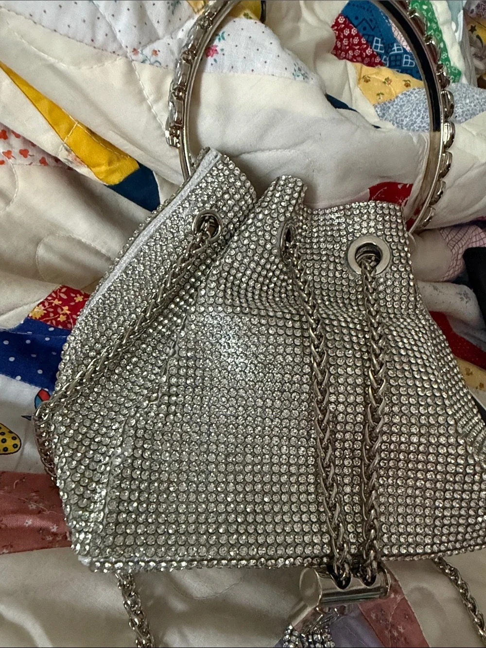 NWT Womens Silver Crystal Drawstring Bucket Bag 10” x 4” x 24”